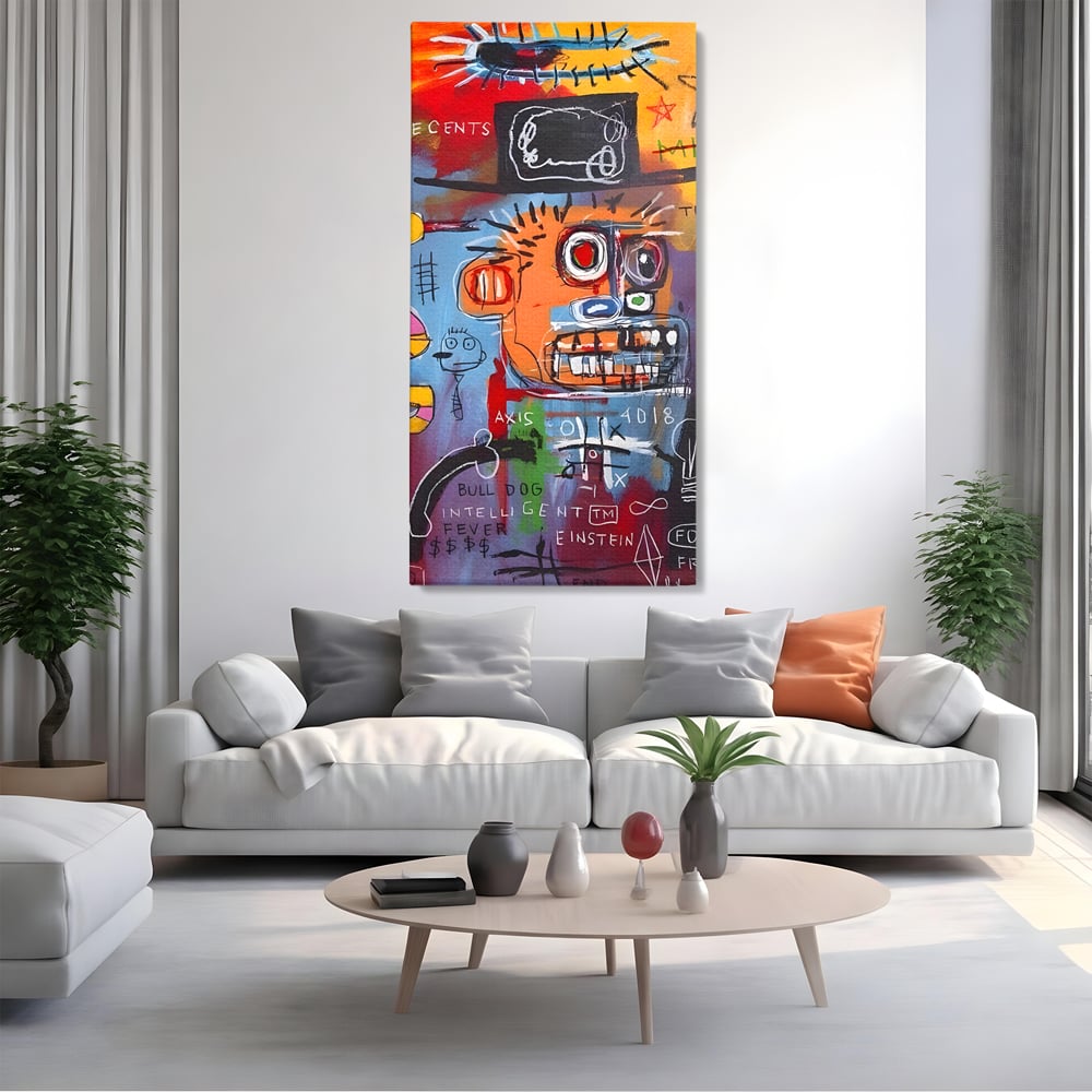 Tablou canvas cu tablou abstract cu portret si inscriptii, fara rama, pe sasiu de lemn, pe perete intr-un living